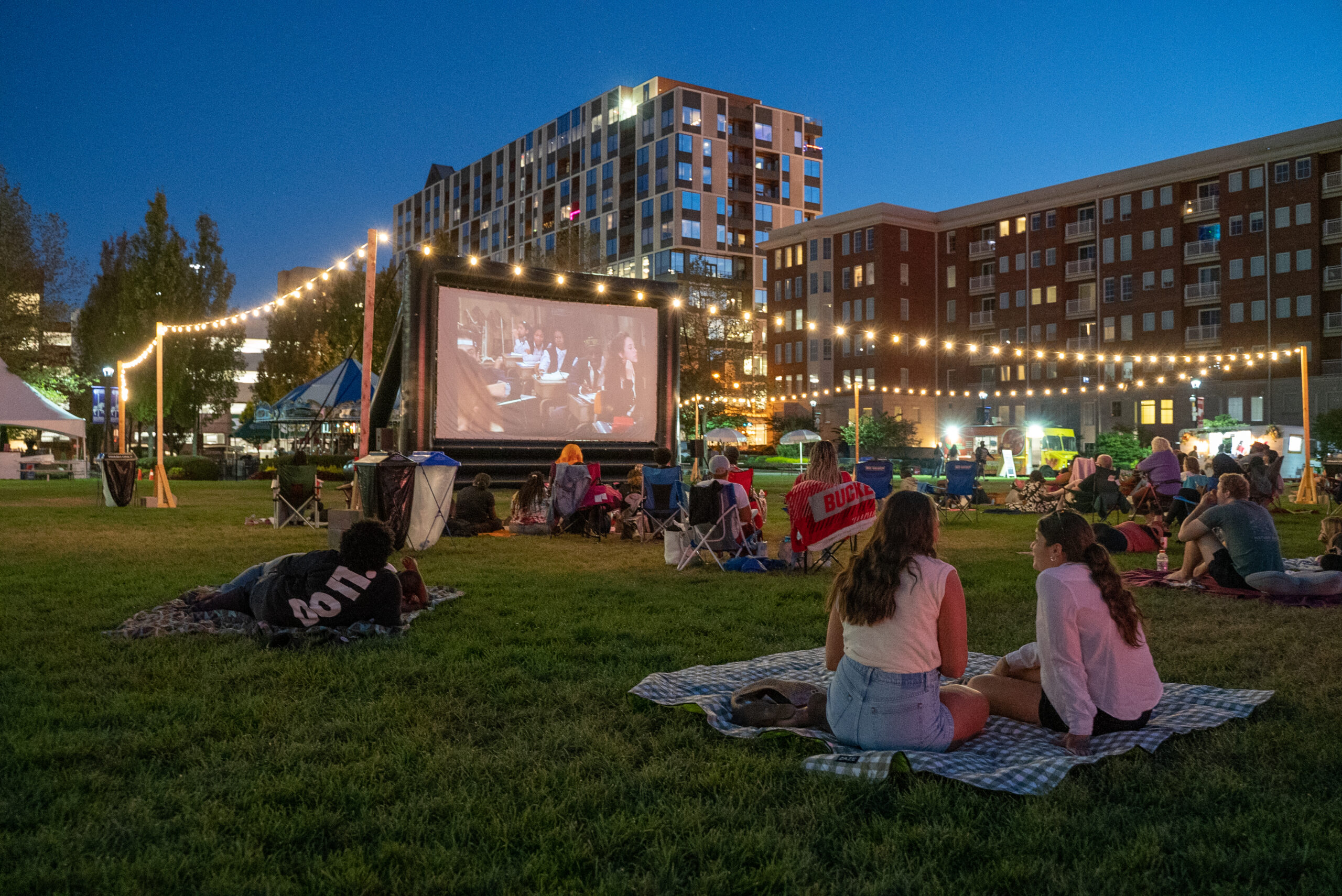 people watching an outdoor movie